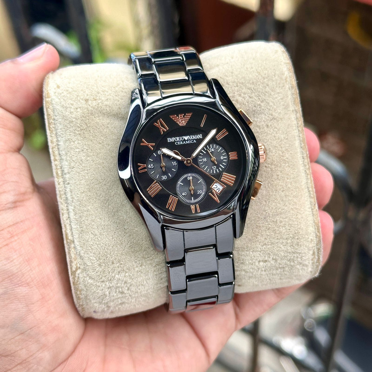 Empo®io Arm@ni Mens Black Ceramic Rose Gold Figures All Working