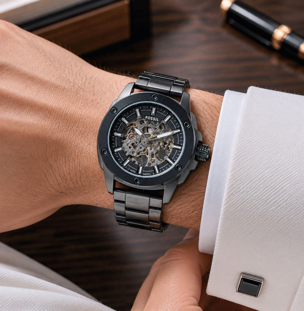Fossill Skeleton Dial Black Automatic Mens All Working