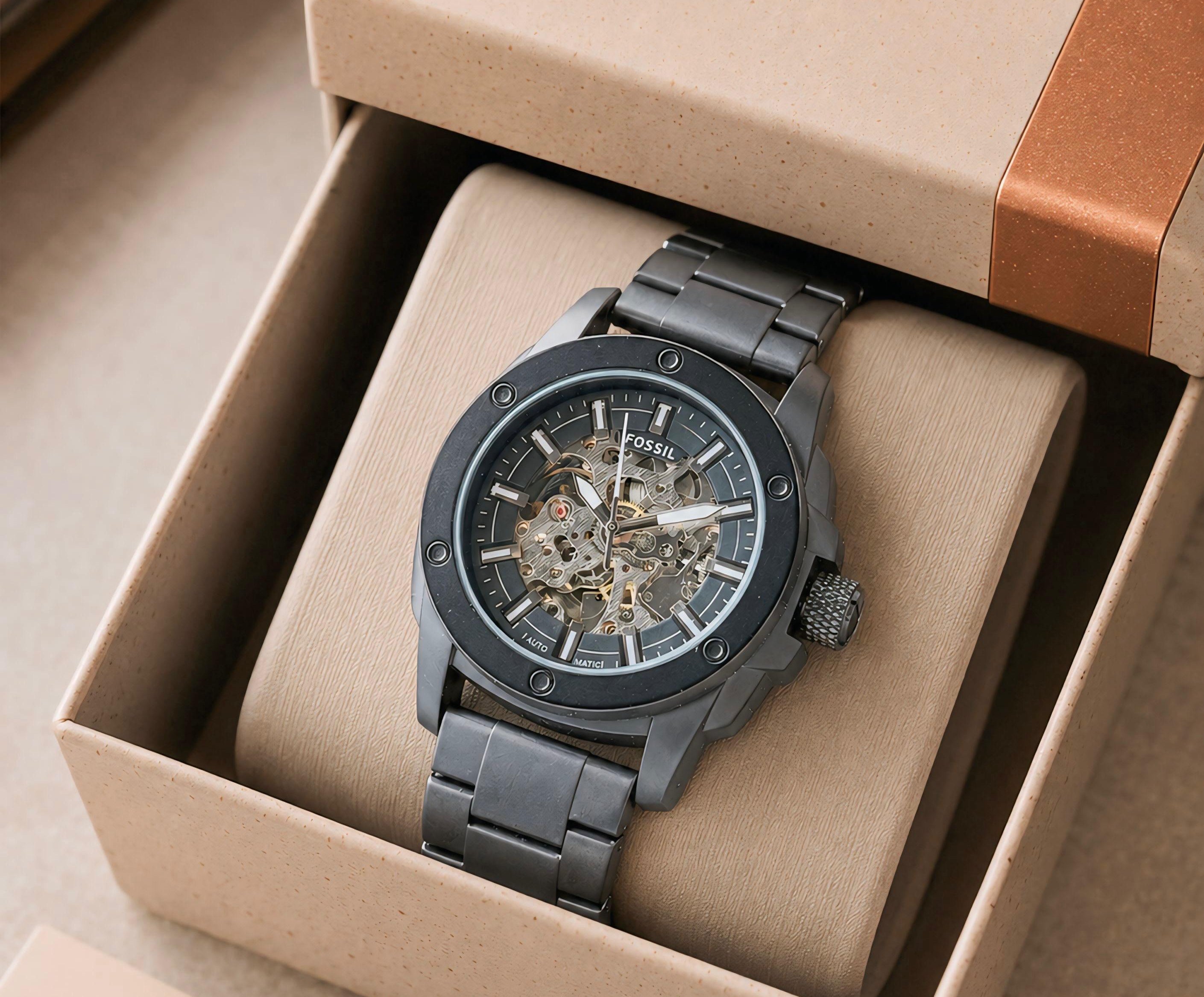 Fossill Skeleton Dial Black Automatic Mens All Working