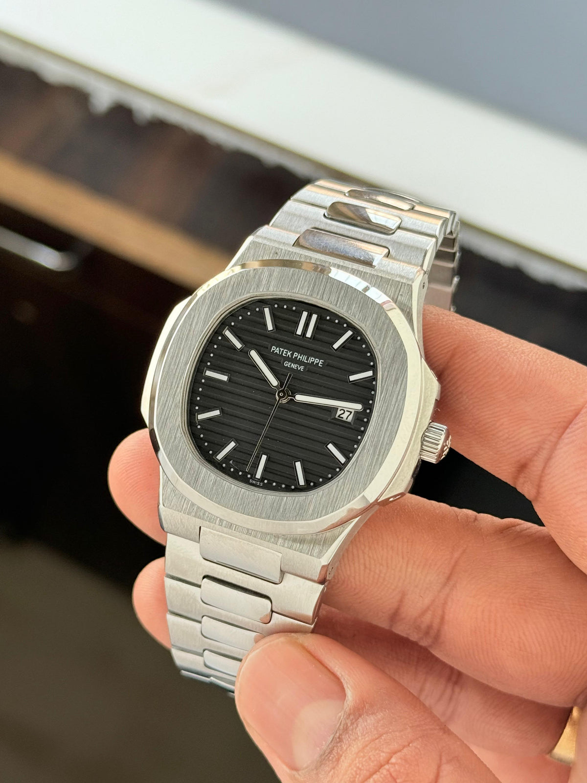 P@tek Phillipp€ Silver Black Mens All Working
