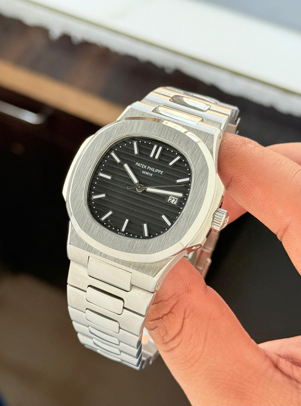 P@tek Phillipp€ Silver Black Mens All Working