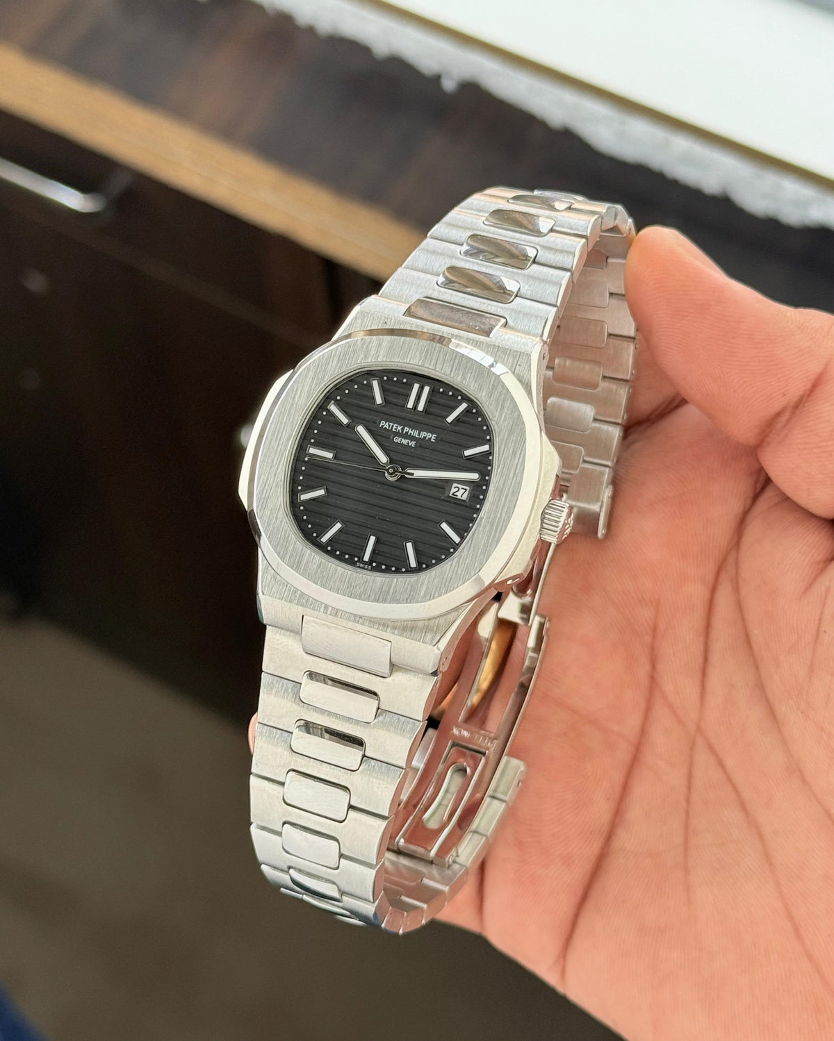 P@tek Phillipp€ Silver Black Mens All Working