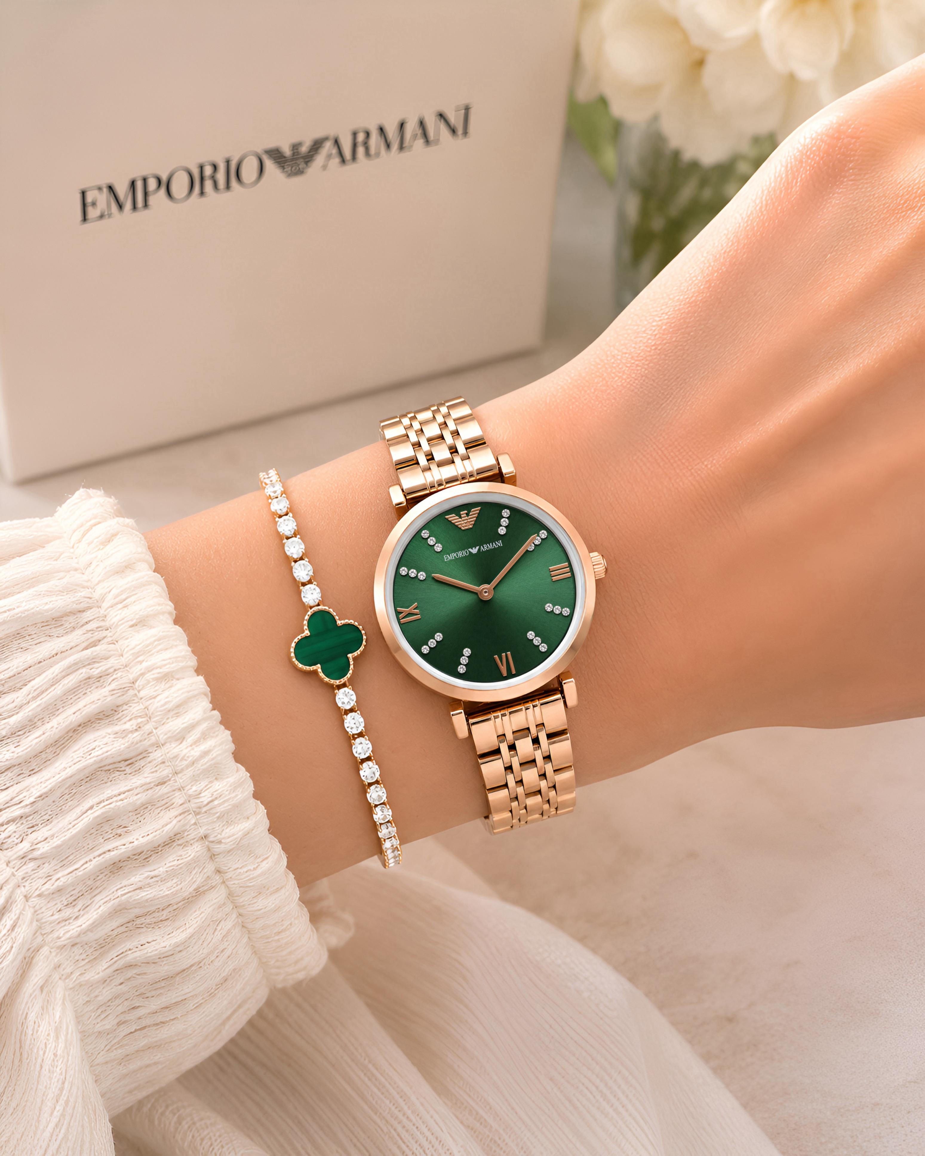 Emporioo Armanii Women Green dial (Rose gold Chain) All Working