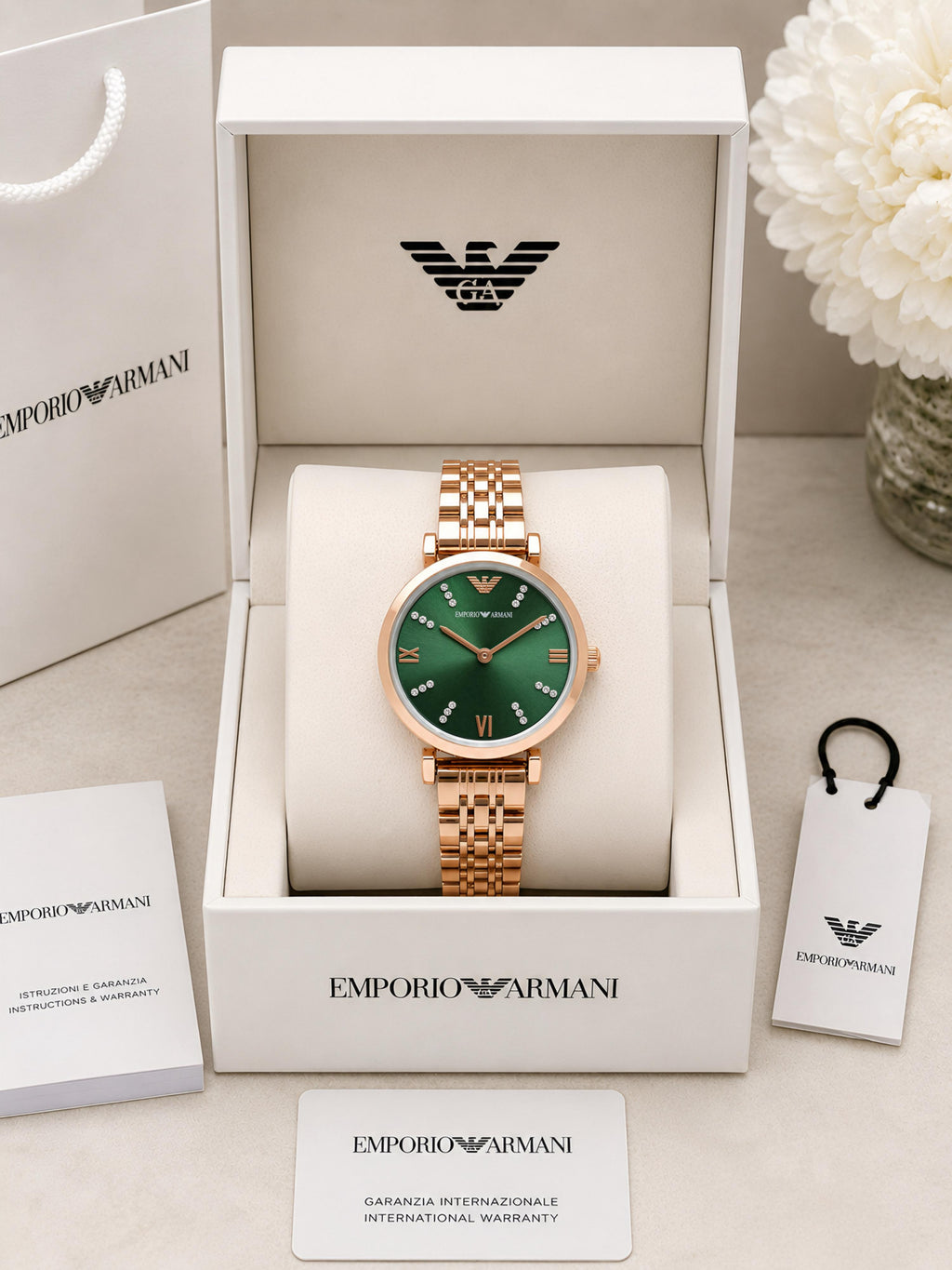 Emporioo Armanii Women Green dial (Rose gold Chain) All Working