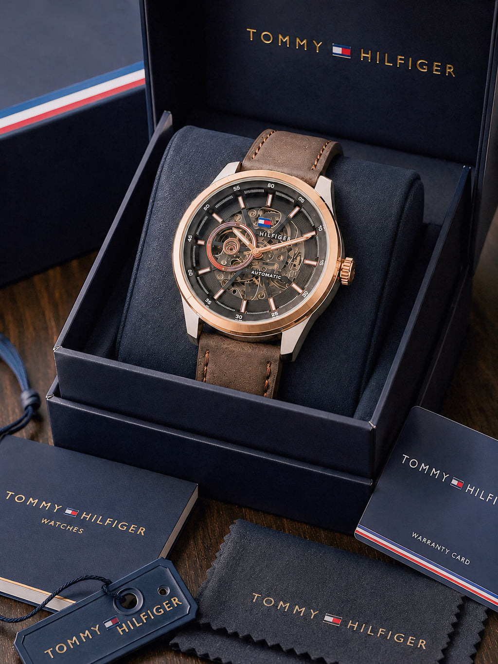 Tomm¥ Hilfig€r Brown Leather Open Back Automatic Mens All Working