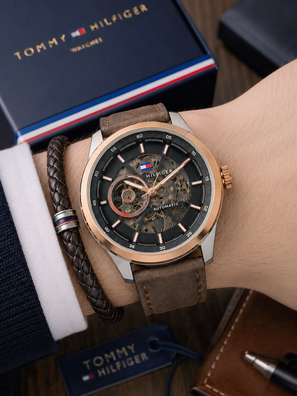 Tomm¥ Hilfig€r Brown Leather Open Back Automatic Mens All Working