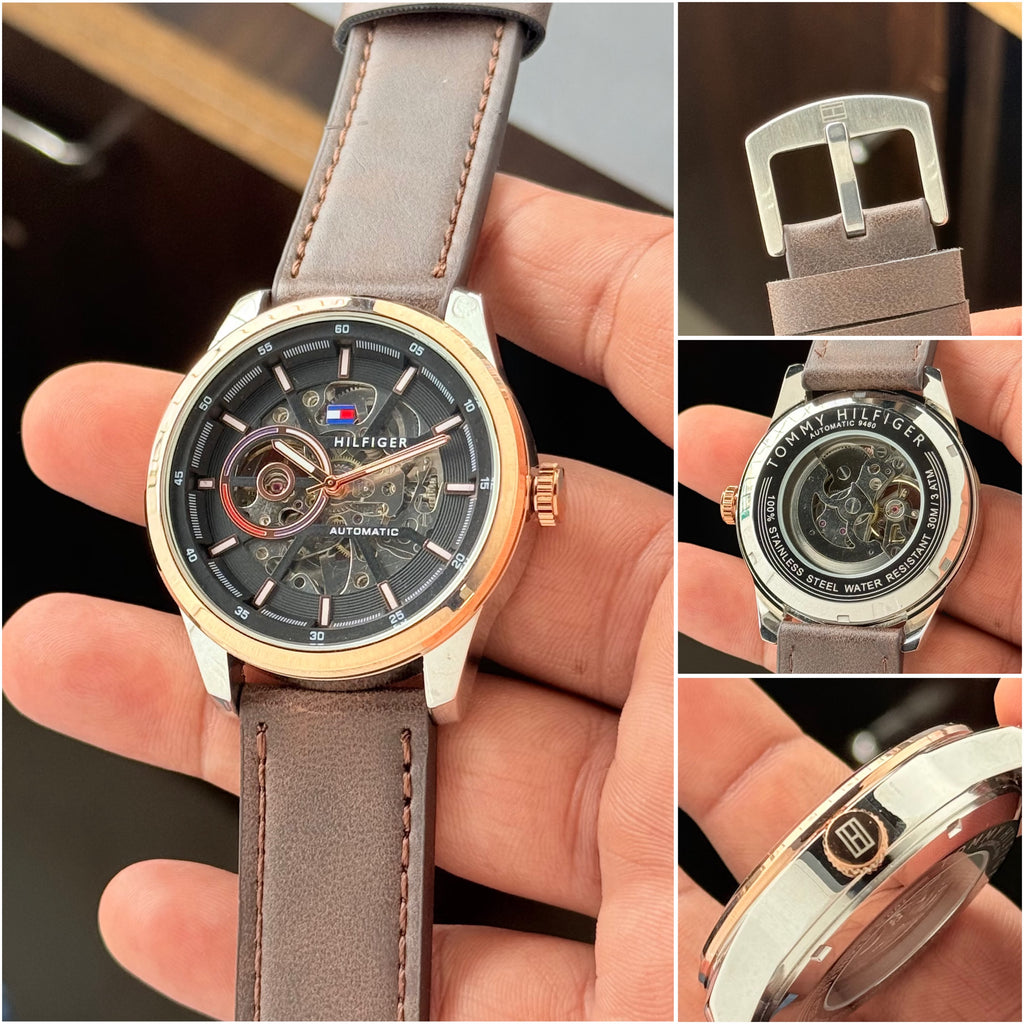 Tomm¥ Hilfig€r Brown Leather Open Back Automatic Mens All Working