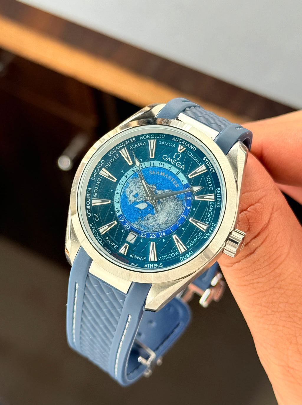 Omega Seamasterr Aquateraa WorldMap Blue Automatic Mens All Working