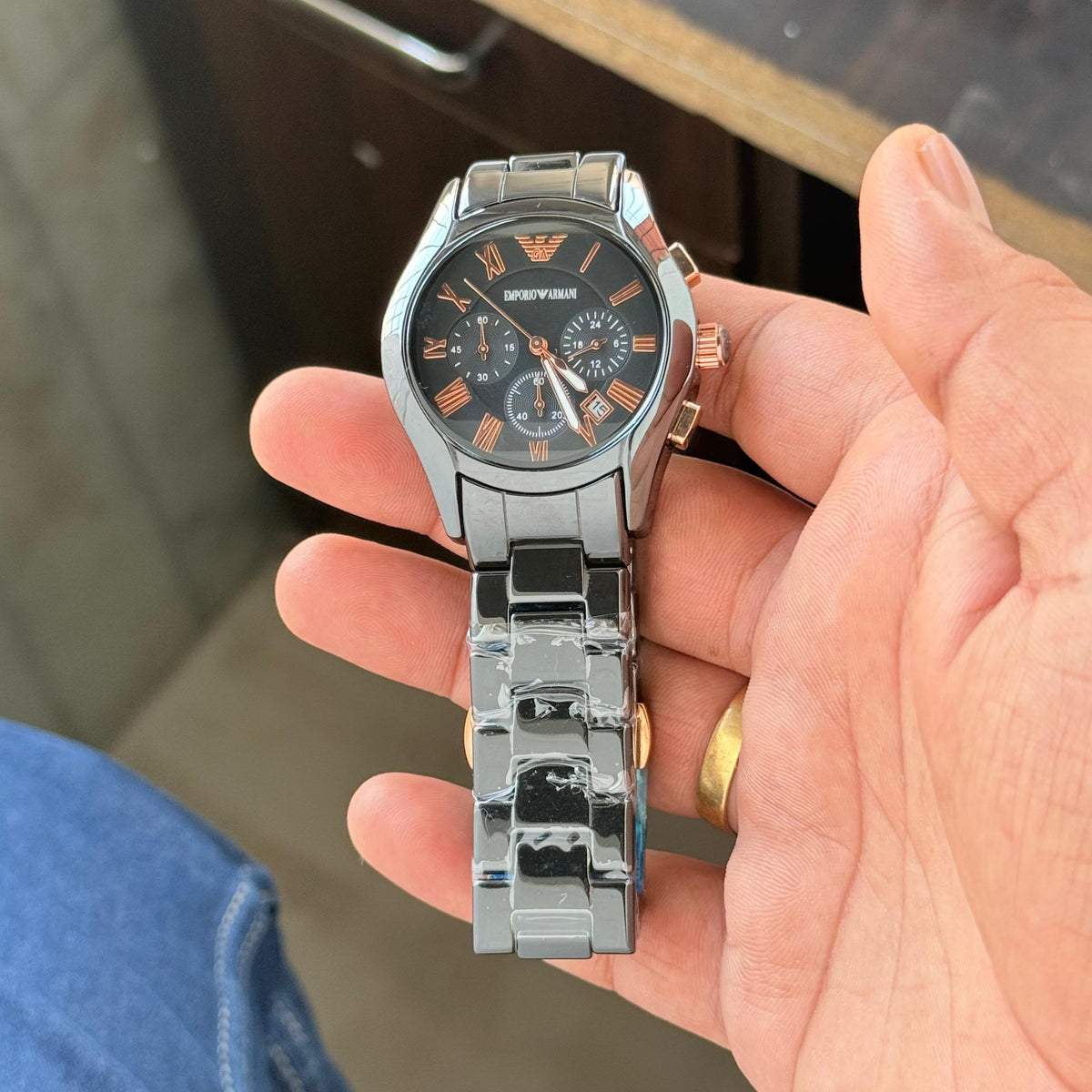 Empo®io Arm@ni Mens Black Ceramic Rose Gold Figures All Working