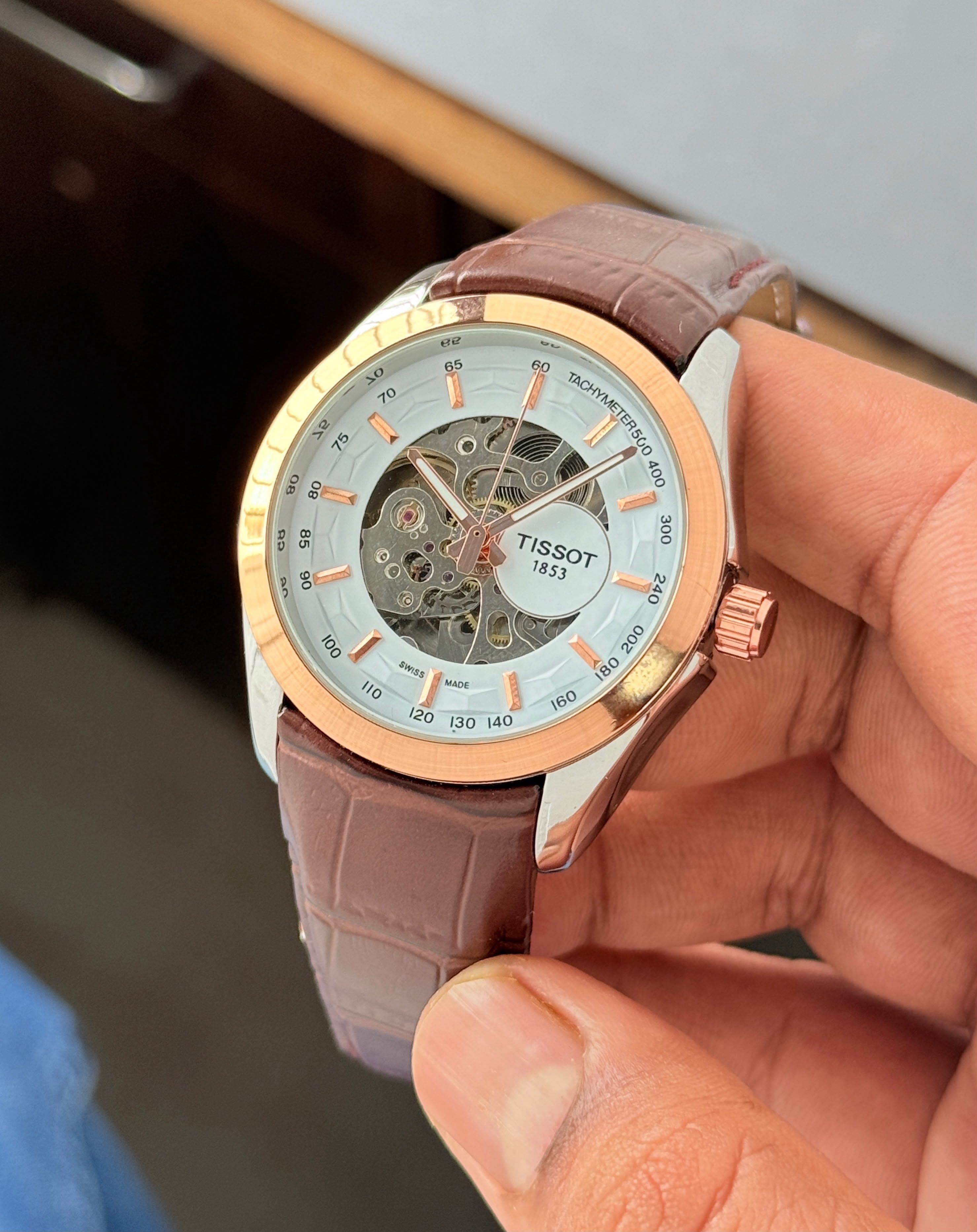 Tissott Couturier Automatic Mechanical Open Back Brown Leather