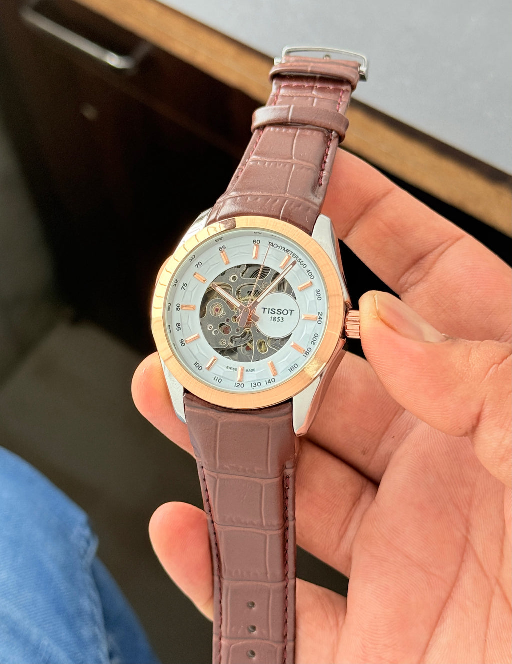Tissott Couturier Automatic Mechanical Open Back Brown Leather