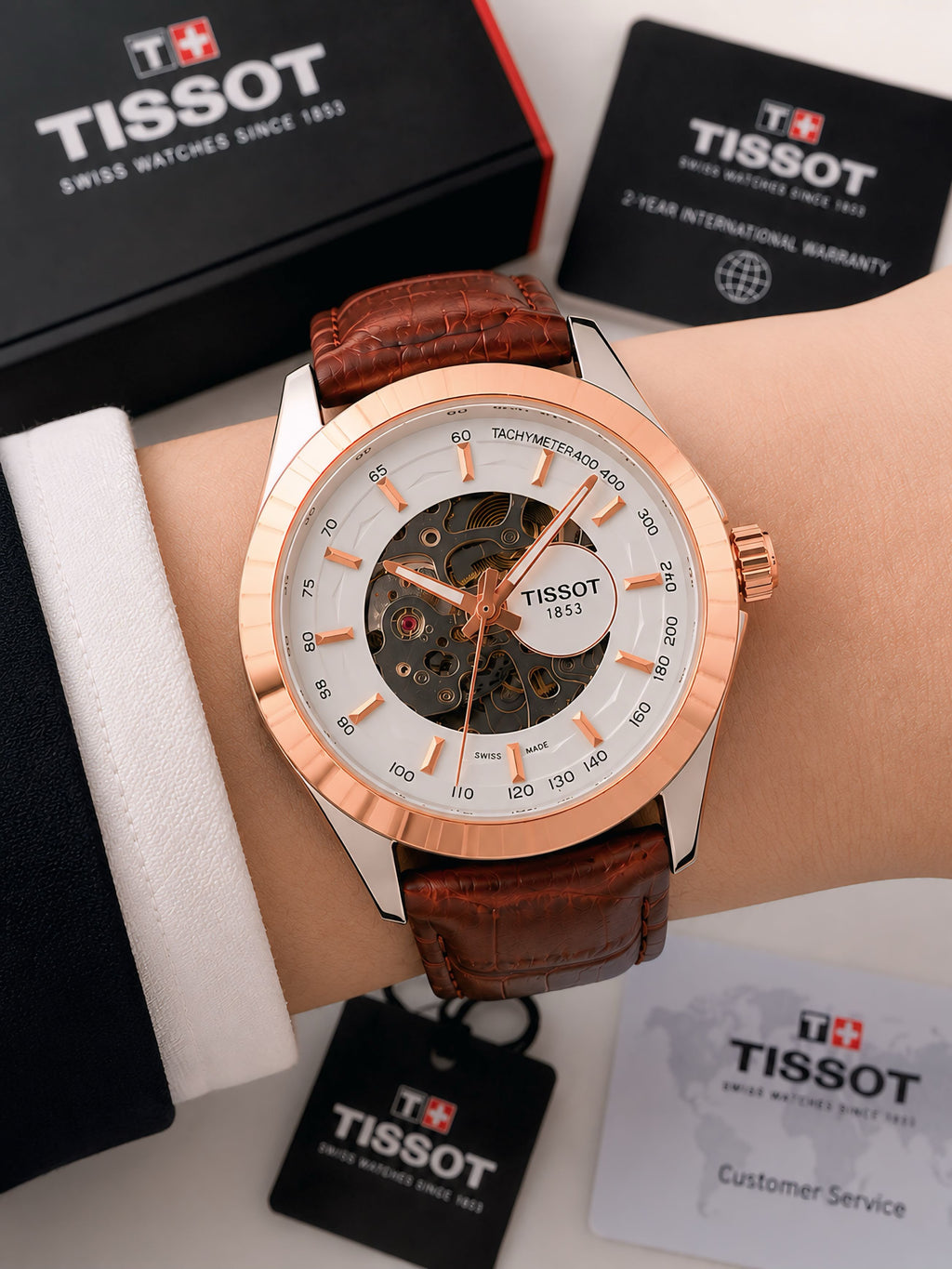 Tissott Couturier Automatic Mechanical Open Back Brown Leather