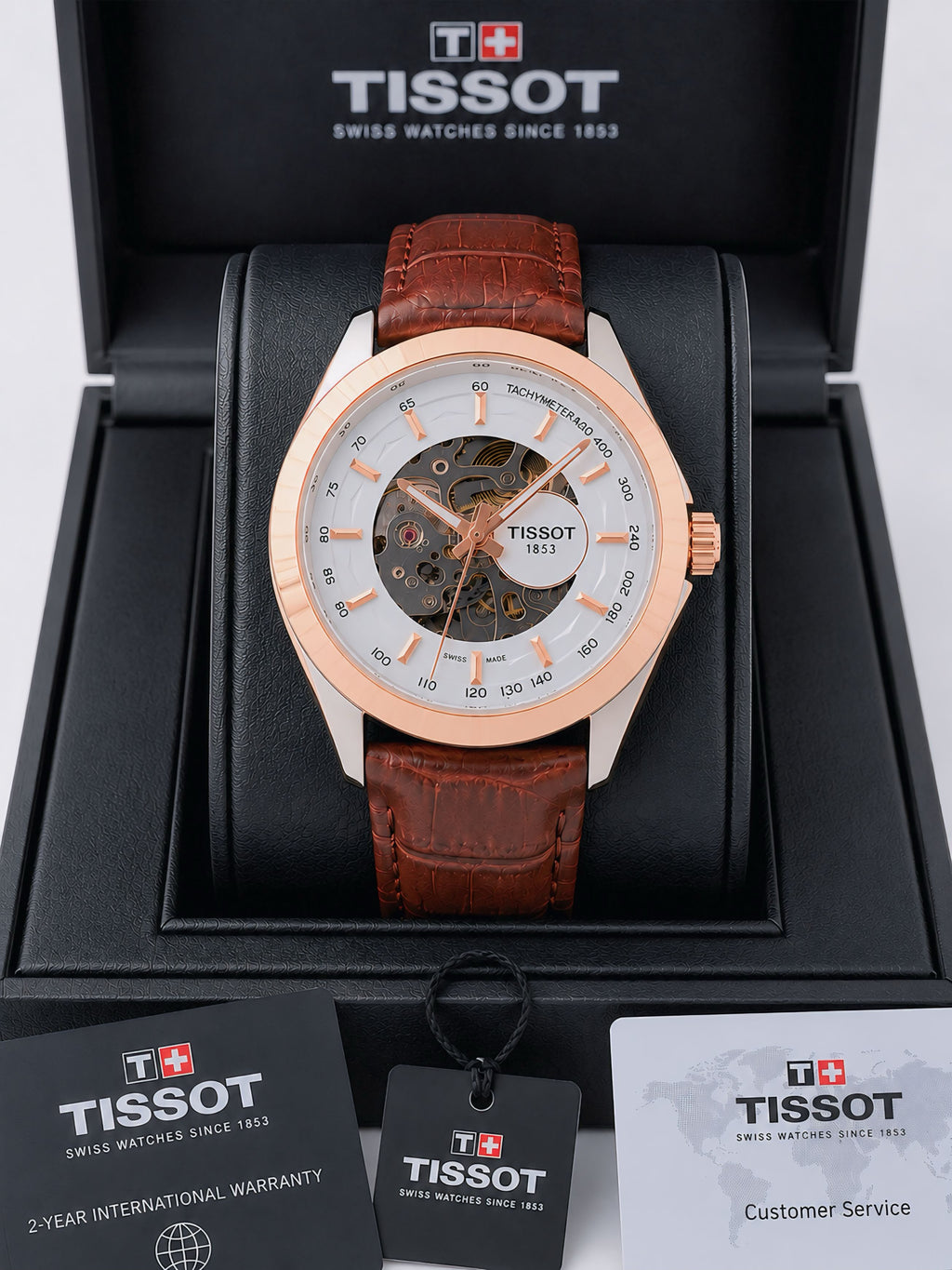 Tissott Couturier Automatic Mechanical Open Back Brown Leather