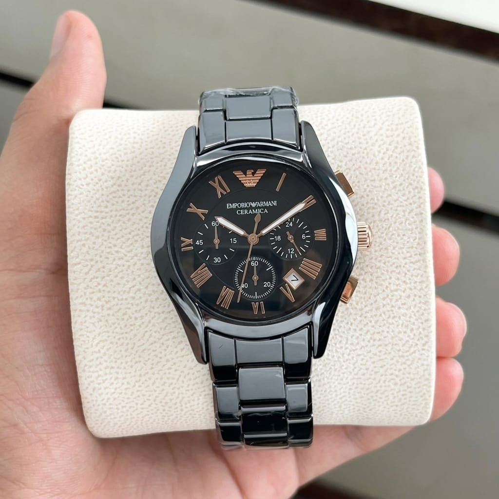 Empo®io Arm@ni Mens Black Ceramic Rose Gold Figures All Working