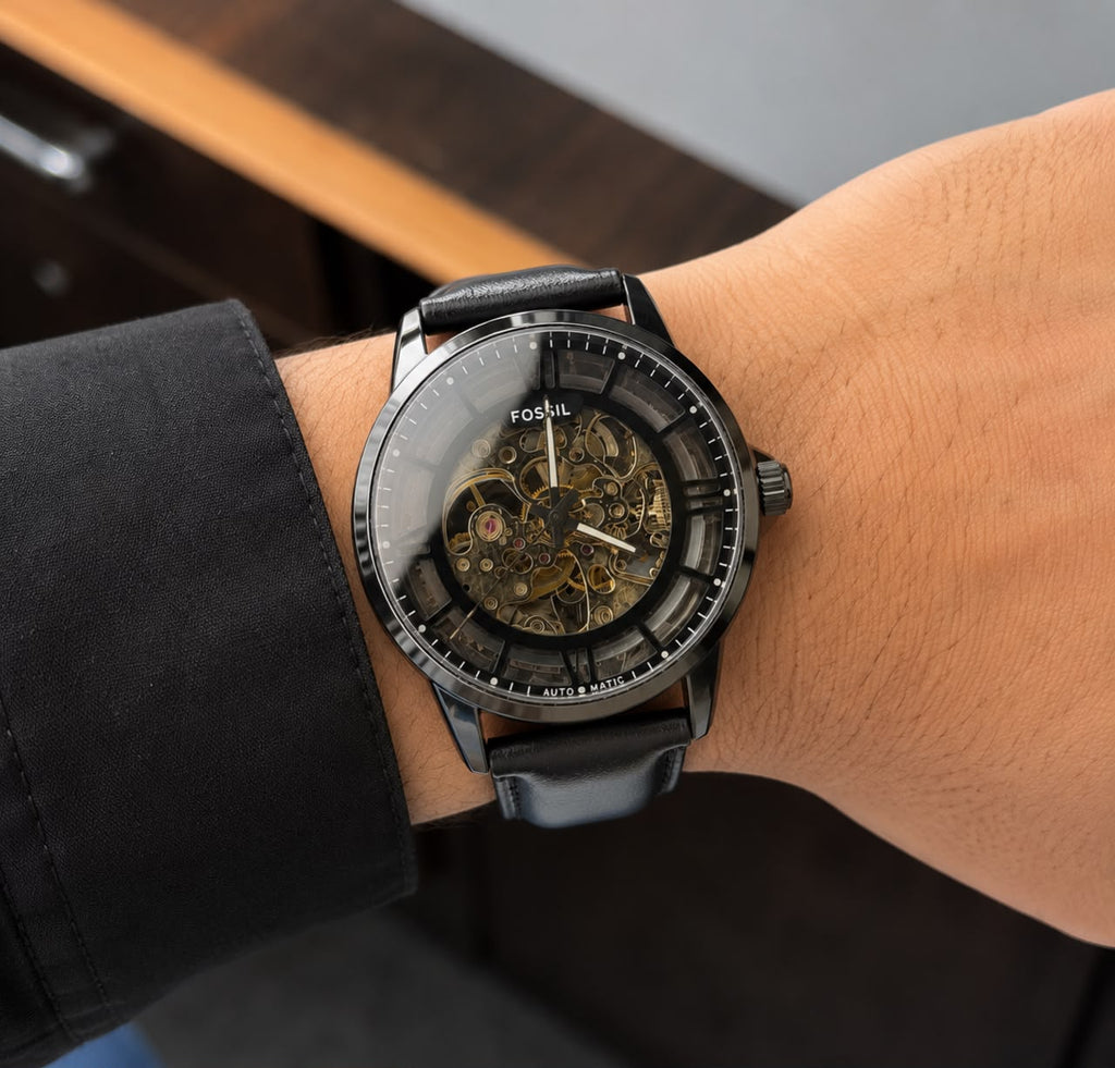 Fo$$il Mens Black Leather Automatic All Working