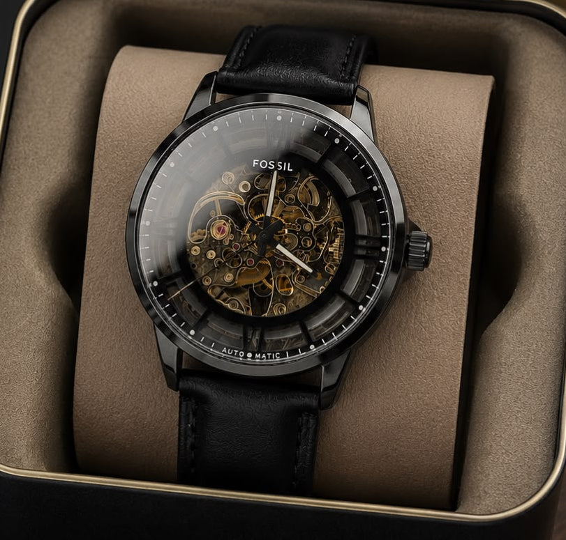 Fo$$il Mens Black Leather Automatic All Working