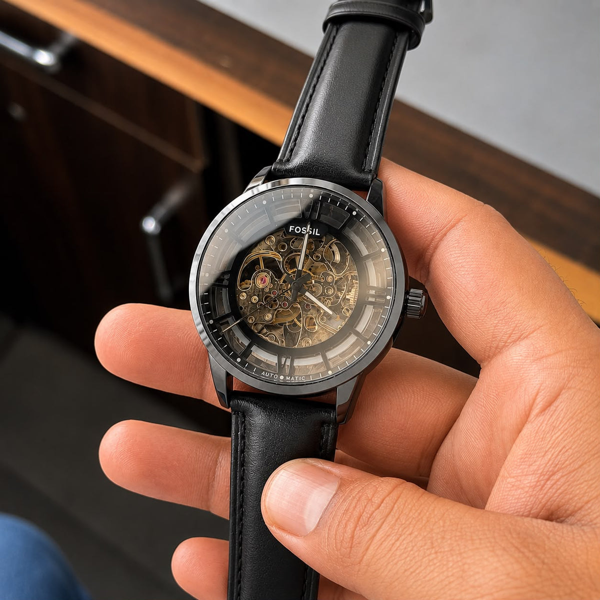 Fo$$il Mens Black Leather Automatic All Working