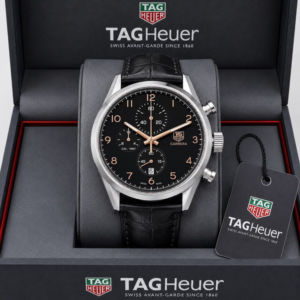 T@g Heue® Mens Black Leather All Working (J@panese Quality)