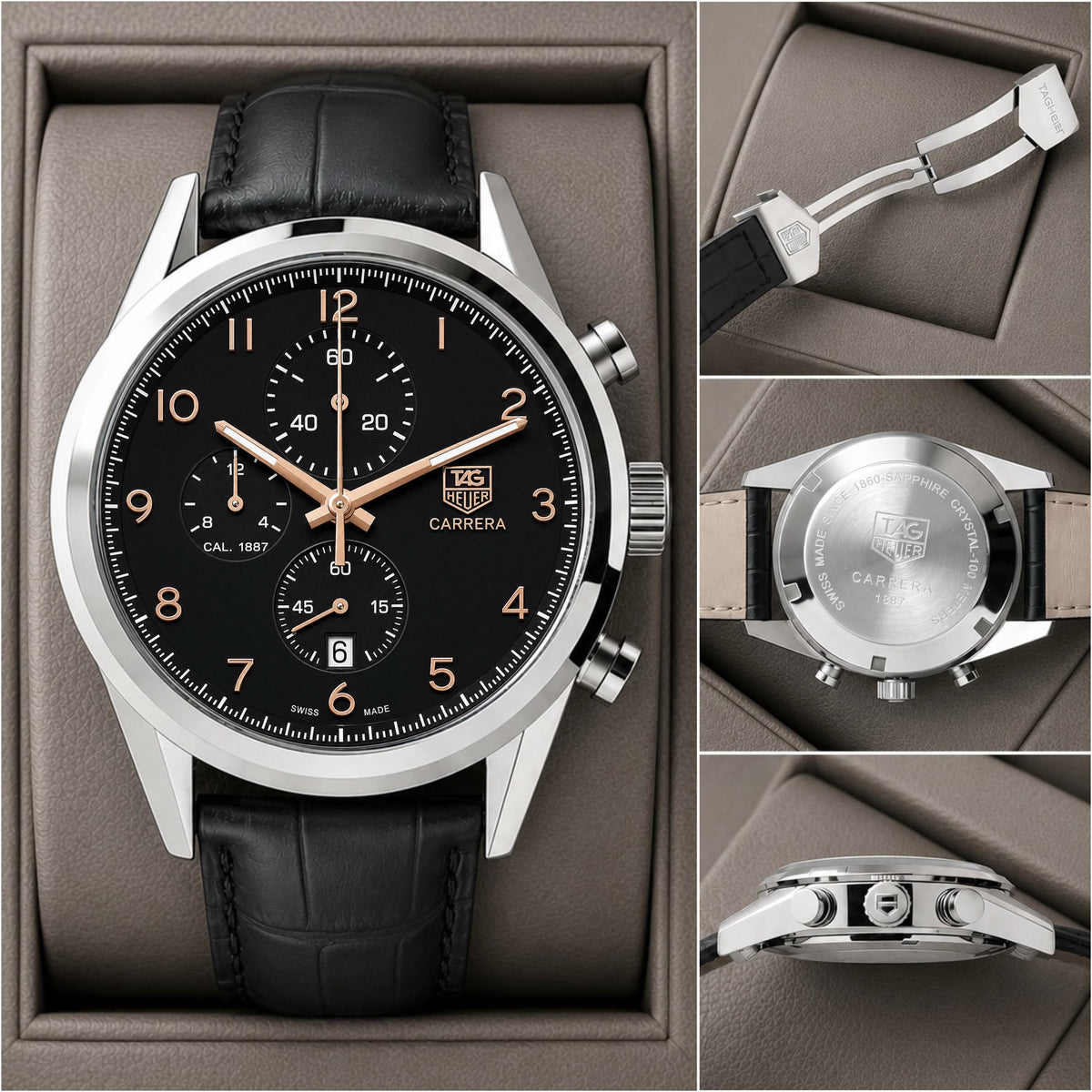 T@g Heue® Mens Black Leather All Working (J@panese Quality)
