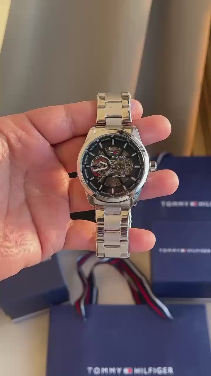 Tomm¥ Hilfig£r Mens Silver Black Automatic All Working