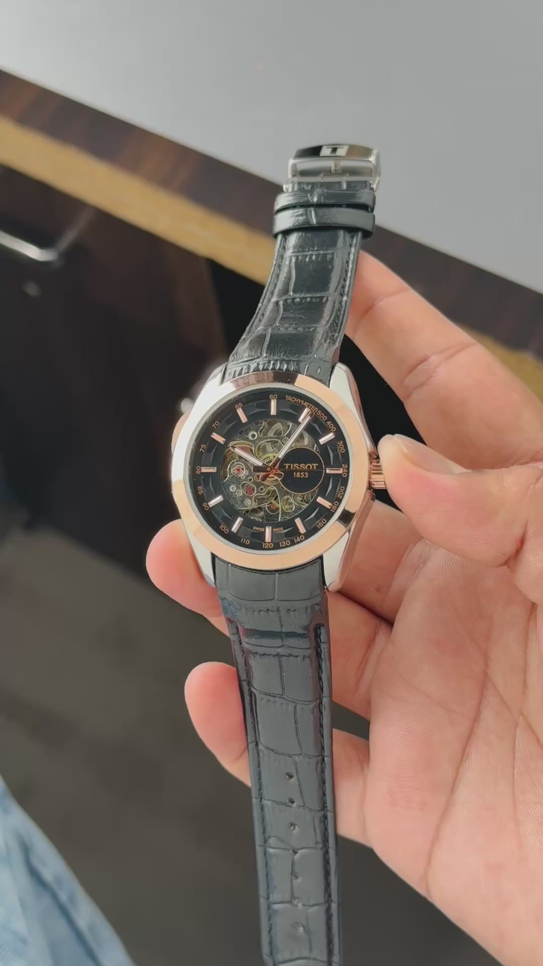 Ti$$ot Open Back Automatic Black Leather Mens All Working