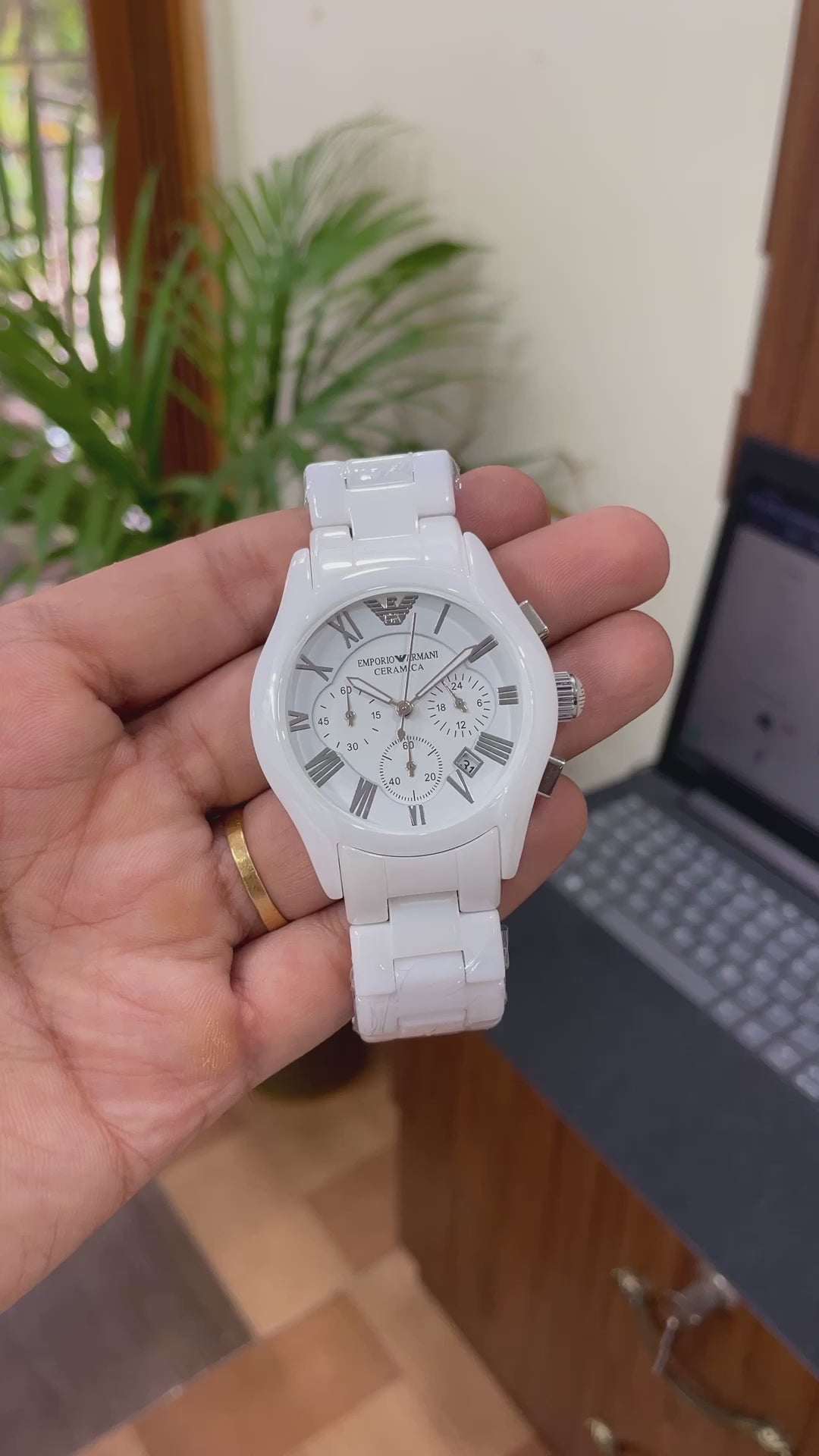 Empo®io Arm@ni Mens White Ceramic Chain Silver Figures All Working