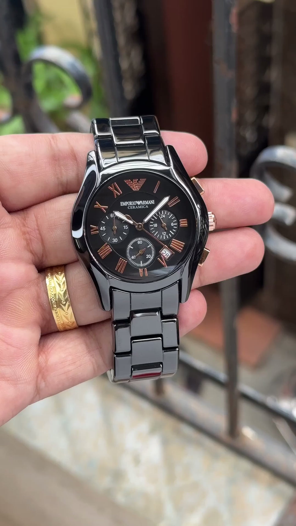 Empo®io Arm@ni Mens Black Ceramic Rose Gold Figures All Working