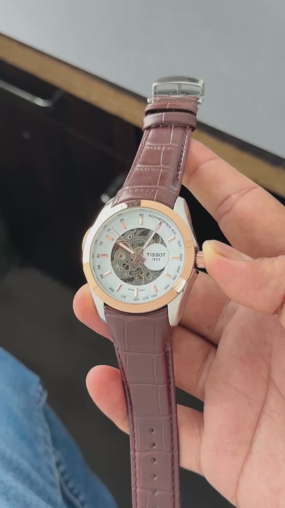Tissott Couturier Automatic Mechanical Open Back Brown Leather