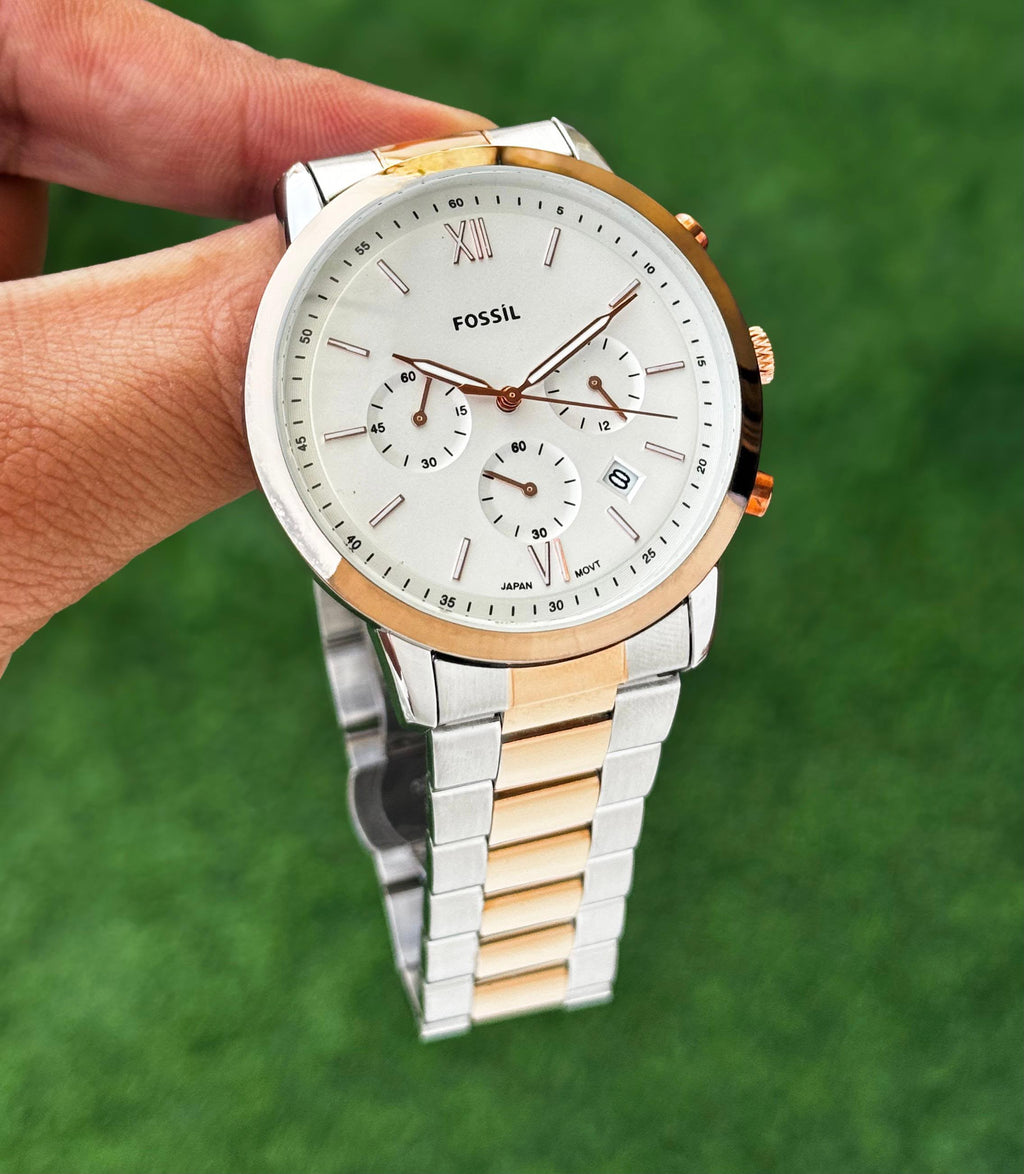 Fo$$il Two-Tone White Dial Mens All Working