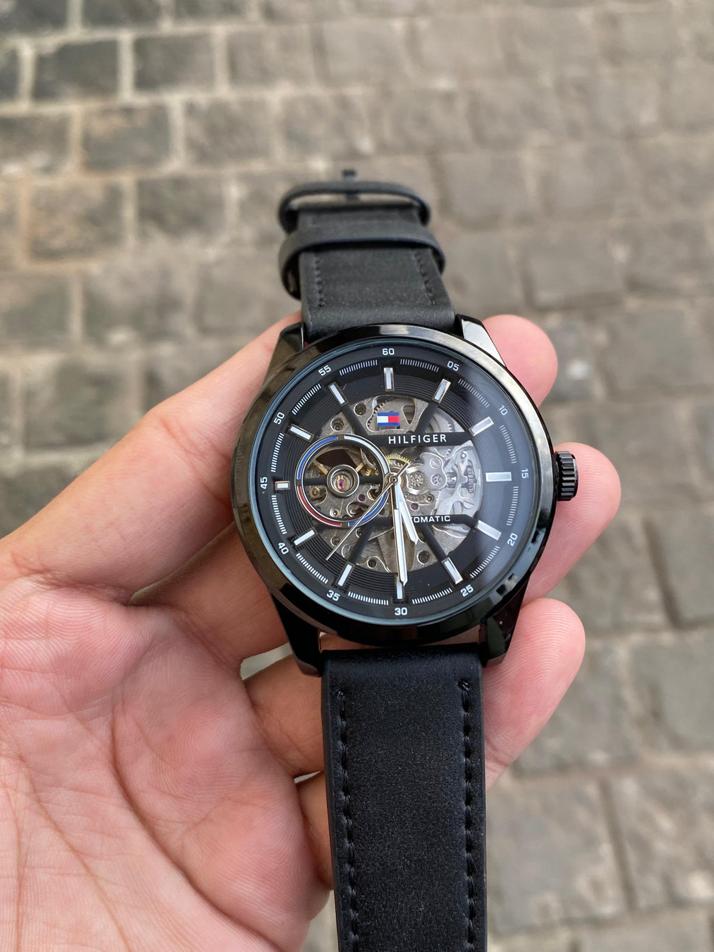 Tomm¥ Hilfig€® Mens Black Leather Automatic All Working